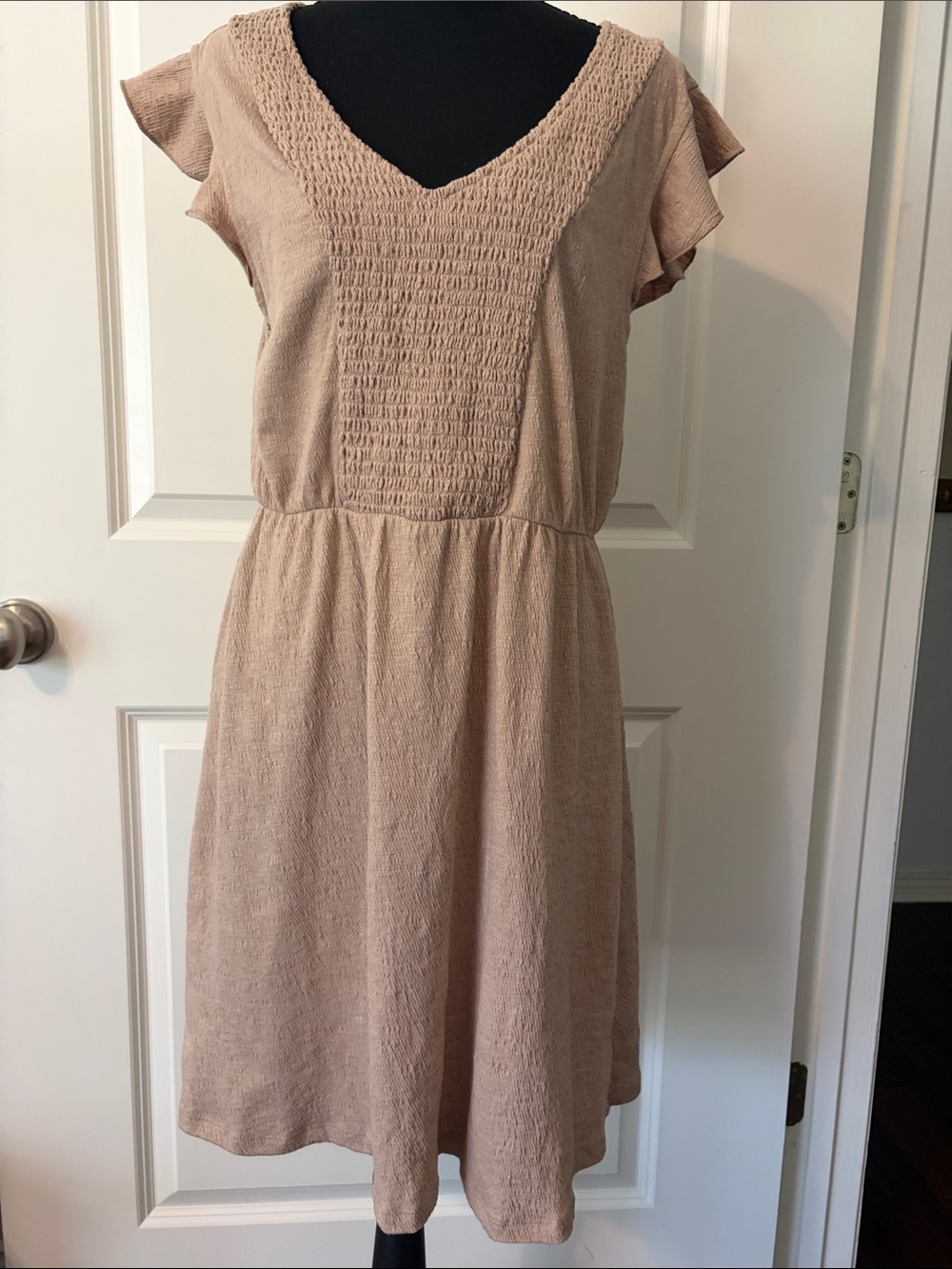 Wishlist Blush-Tan Smocked V-Neck Flutter Sleeve Dress